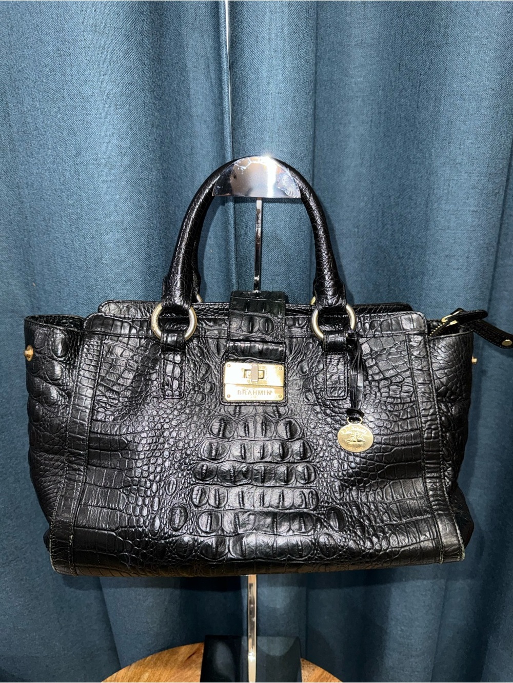 Brahmin Black Croc-Embossed Satchel with Gold Hardware